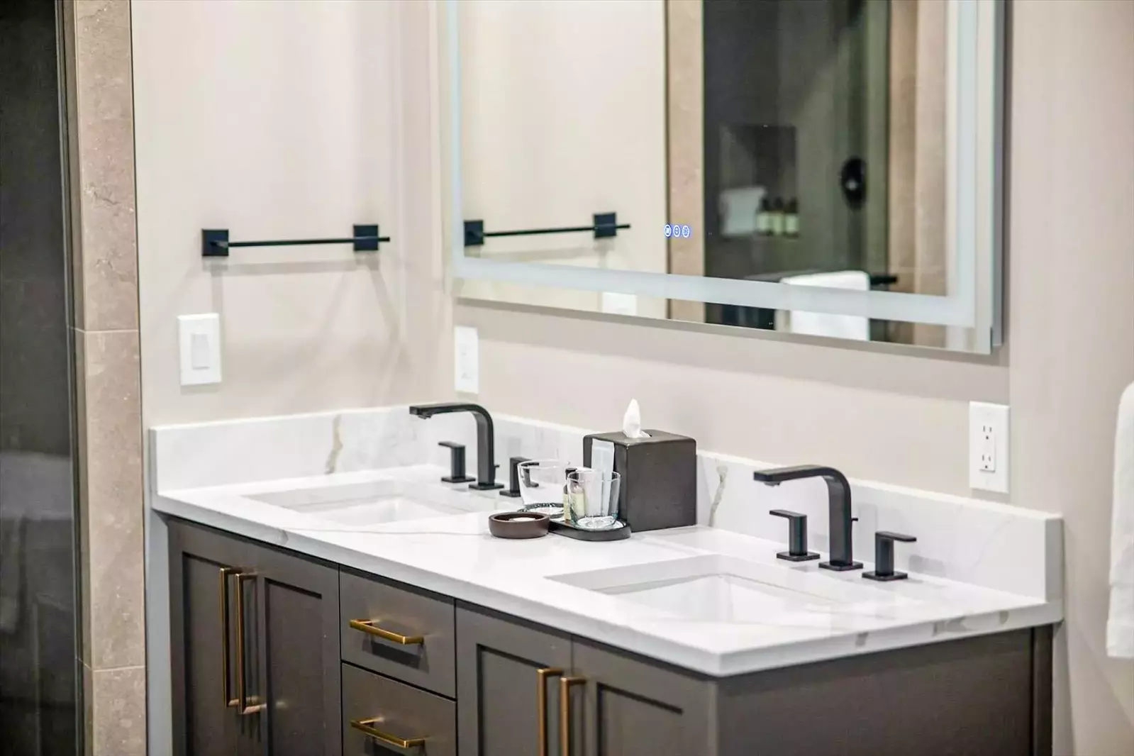 Designer Primary En Suite bathroom with double quartz vanity, LED backlit mirror, and steam shower. Upscale Westgate Park City lodging