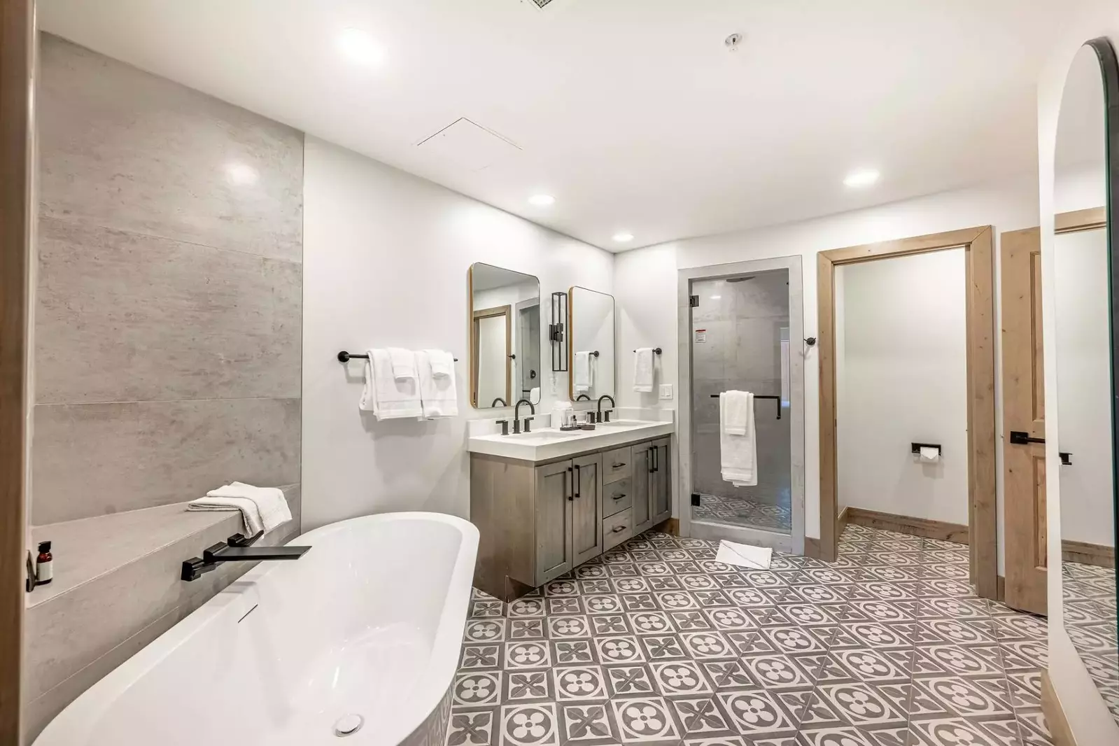 Luxe bath: oversized soaking tub, moroccan tiled floors, walk in steam shower,| Park City Luxe Condo, Park City Airbnb, Westgate Park City, Park City