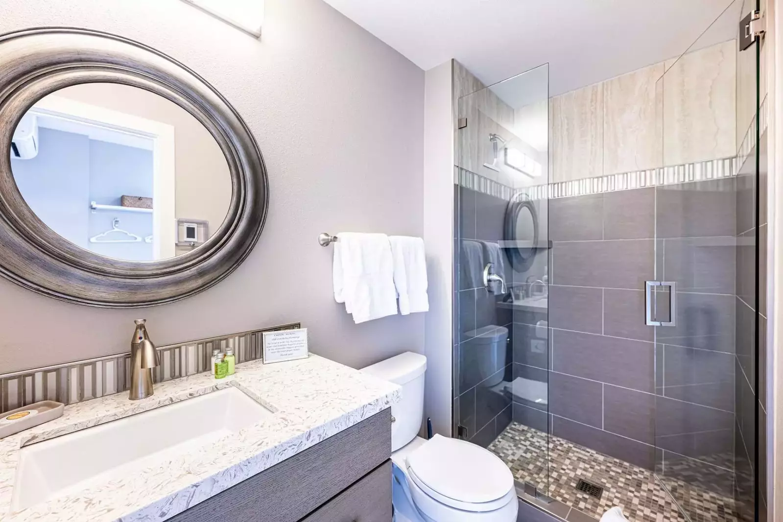 Guest Bathroom with Marble Vanity, Walk-In Glass Shower