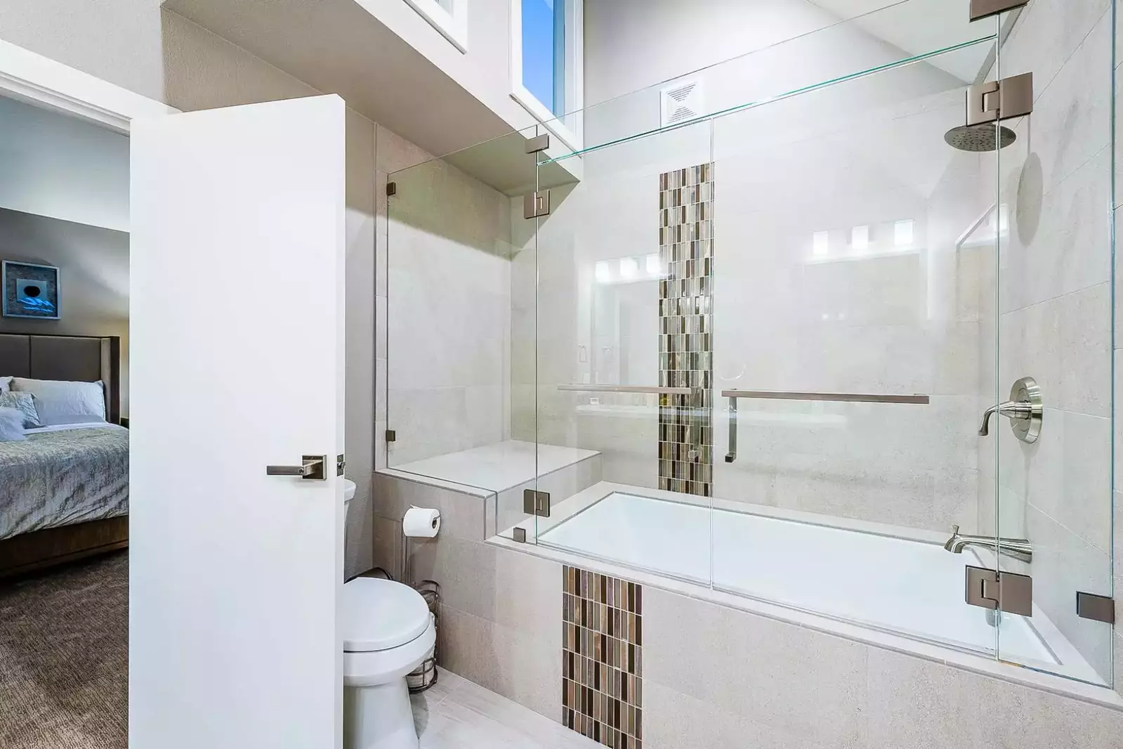 Elegant Master Bathroom - Dual Vanities, Oversized Glass Shower and Tub, Vaulted Ceilings