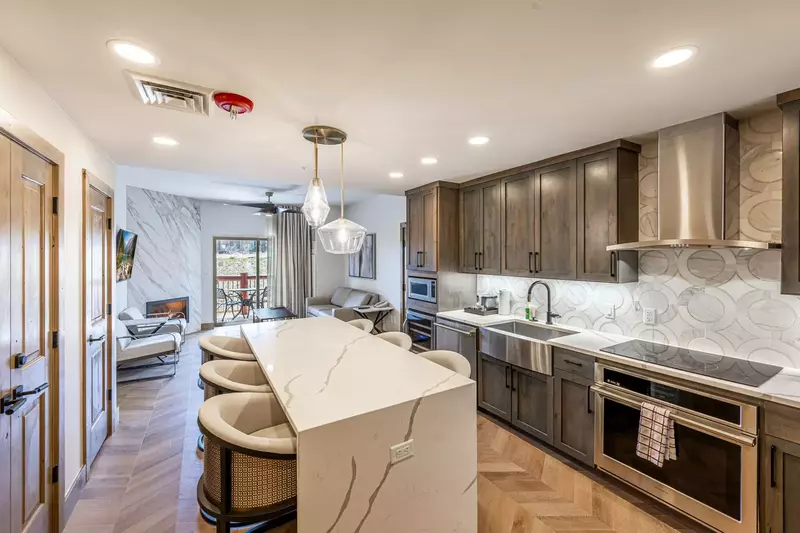 Gourmet kitchen any chef will love. Waterfall edge island with seating for 6 guests