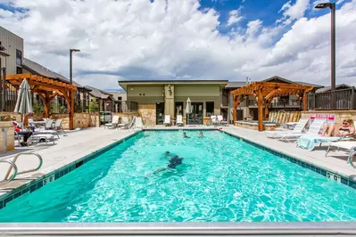 Open year round, the heated pool and hot tub are both located next to the clubhouse