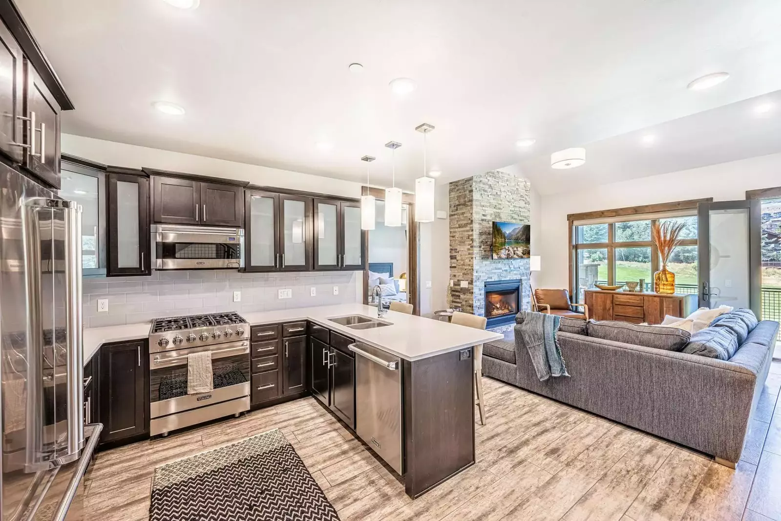 High End Gourmet Kitchen, Viking Gas Range, Microwave, Dishwasher and French Door Fridge.