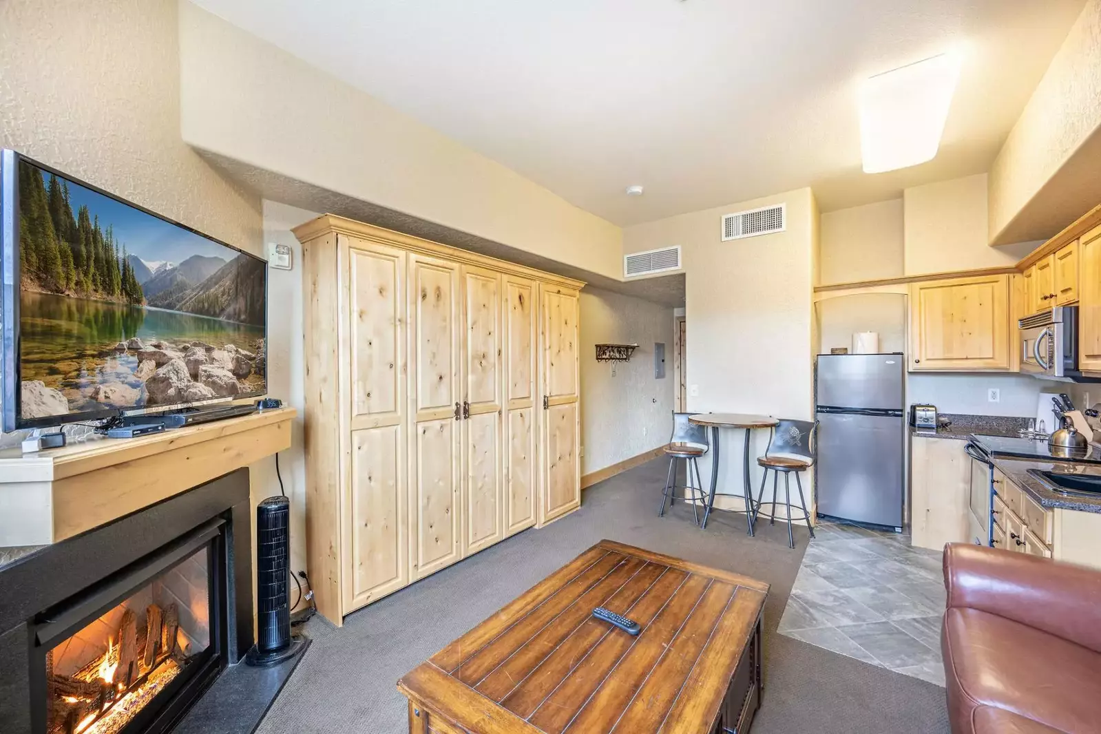 The comfortable bed easily folds into the wall when not in use.