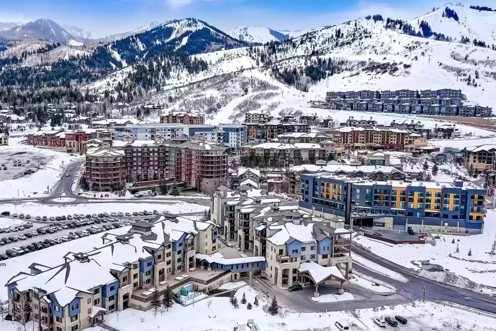 Silverado is the front resort pictured in this aerial view of the Canyons Village where you'll find multiple restaurants and bars