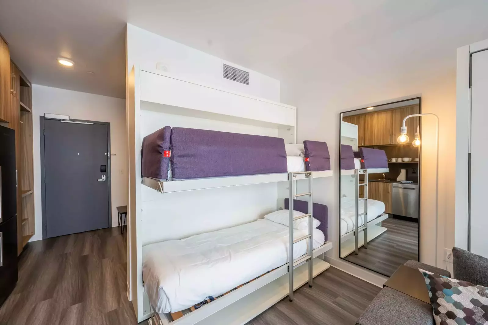 This European design bunk bed features 2 twin sized beds to sleep an additional 2 guests.