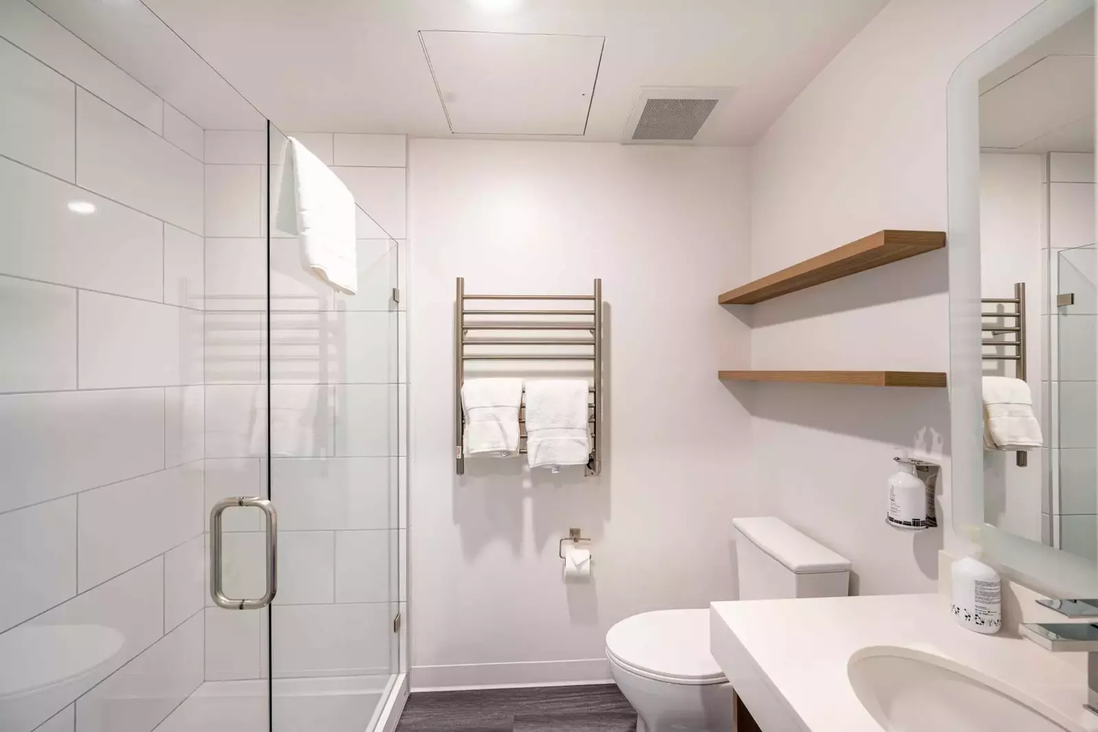 Modern and sleek private bathroom with heated towel rack and a walk in shower