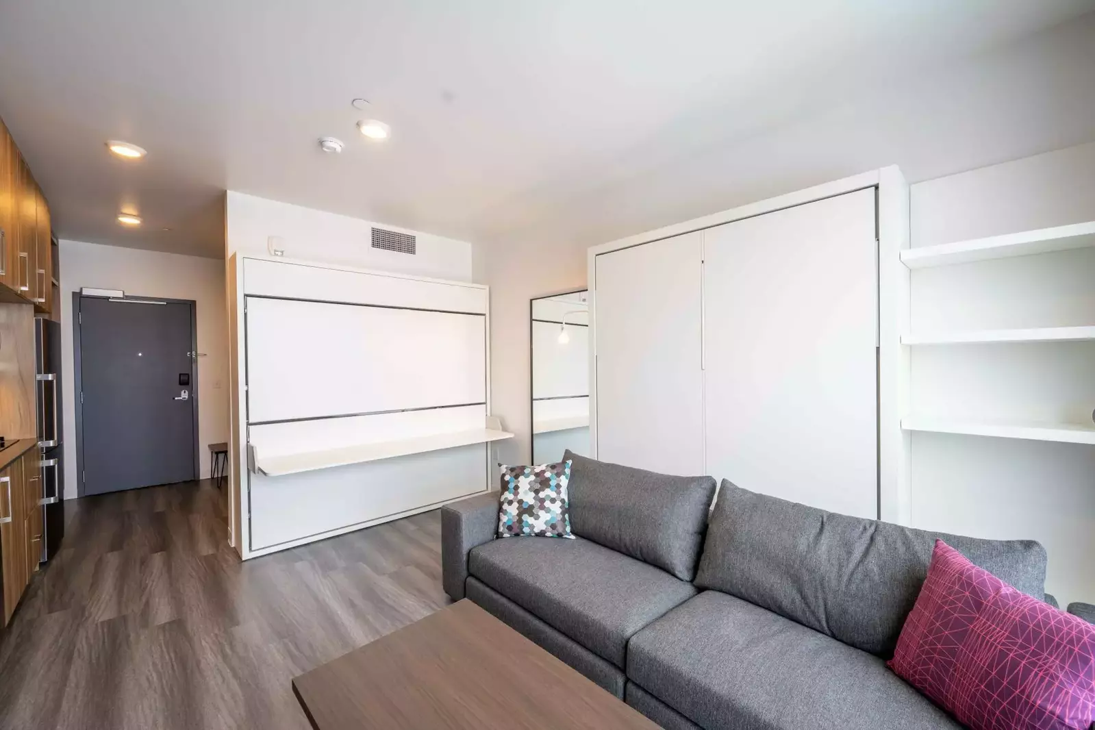 A multi-use shelf (when the twin bunk is away) that you can use as desk space or a table for a quick snack.