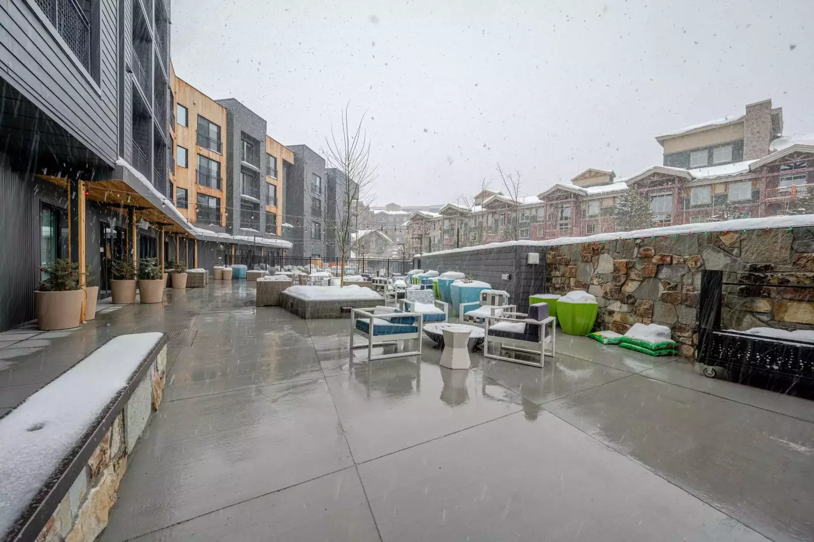 Located on the back side of the resort next to the pool, you will find more cozy places to lounge with views of the slopes and comfortable seating