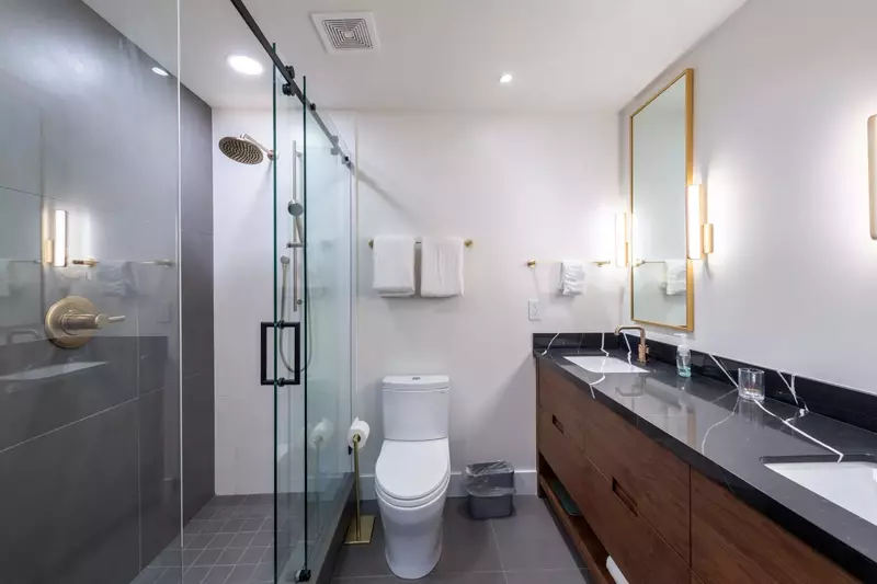 Primary Suite Elegant Bathroom with Black Countertop
