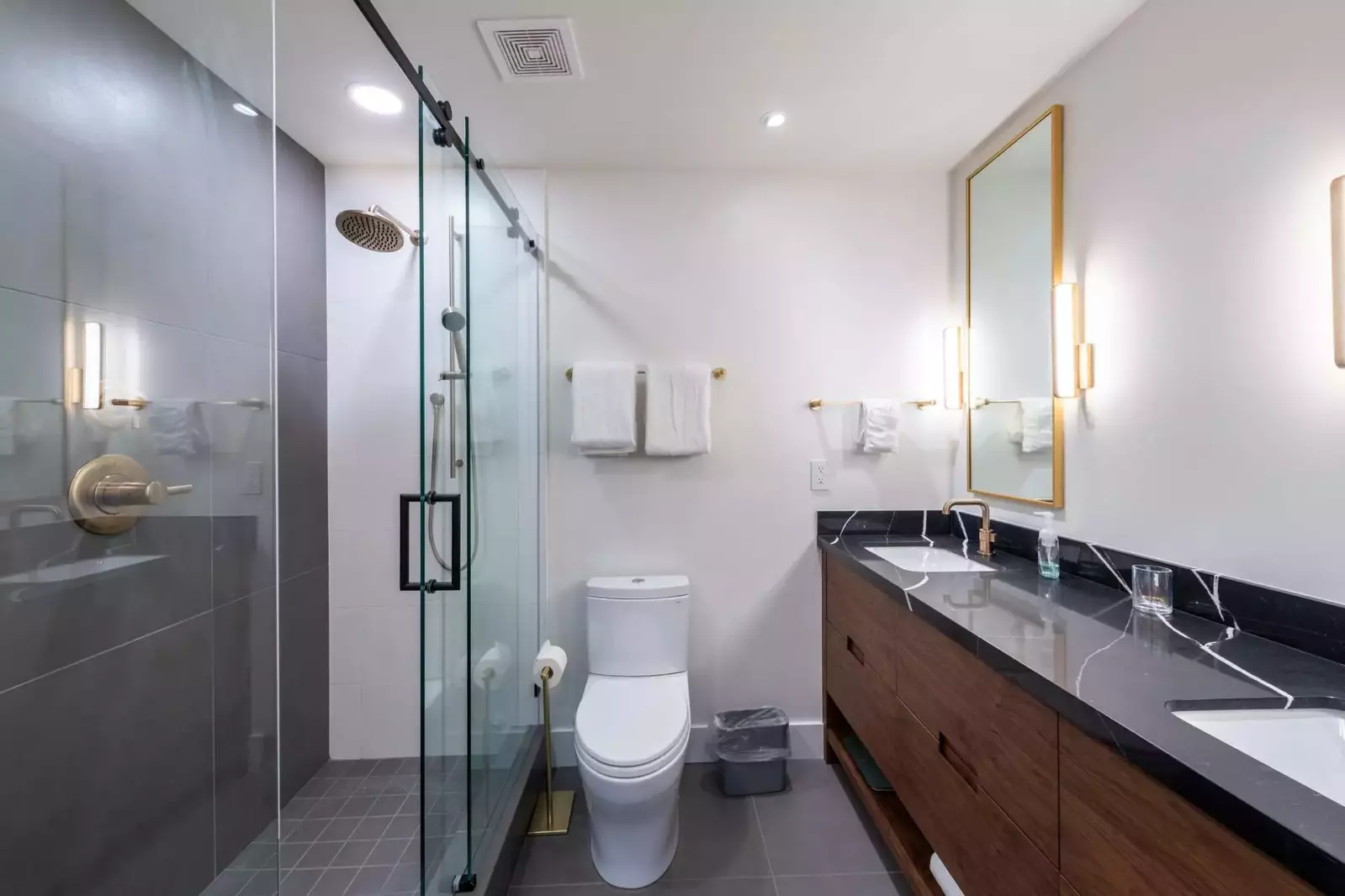 Primary Suite Elegant Bathroom with Black Countertop