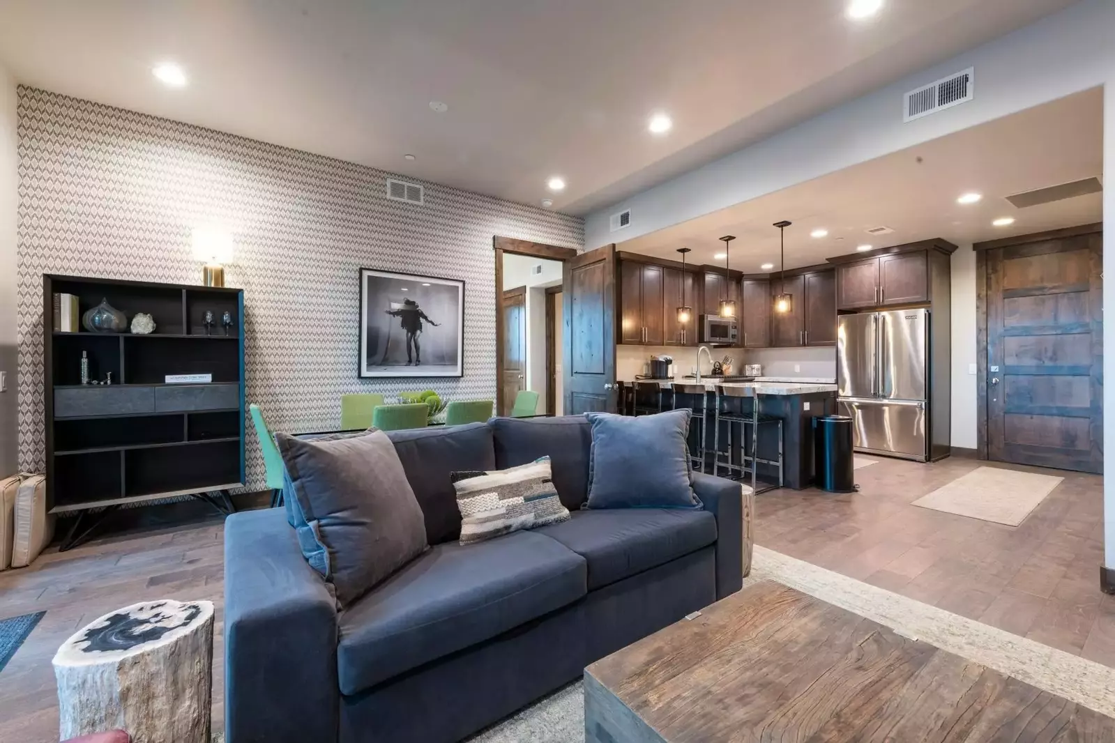 Professionally Designed & Furnished,Our Family Room is equipped with an Comfortable Sofa, Gas Fireplace, Smart TV, Hardwood Flooring, Comfortable Chai