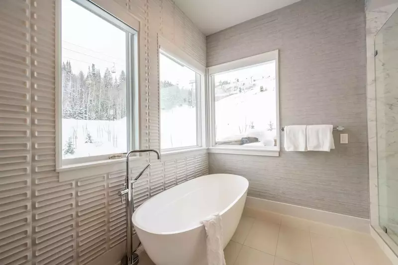 Private spa in the primary suite features sweeping mountain views, a freestanding large soaking tub, walk in glass
