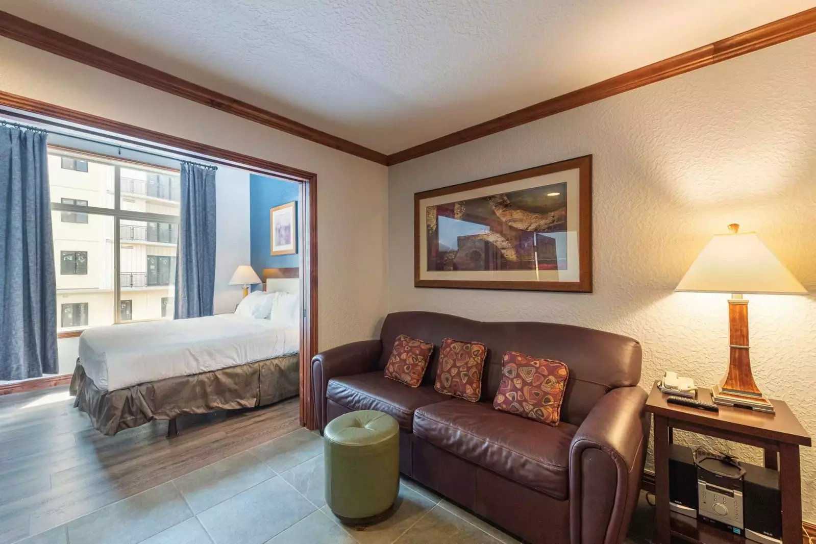 Living space can be separated from the bedroom with the sliding pocket door.