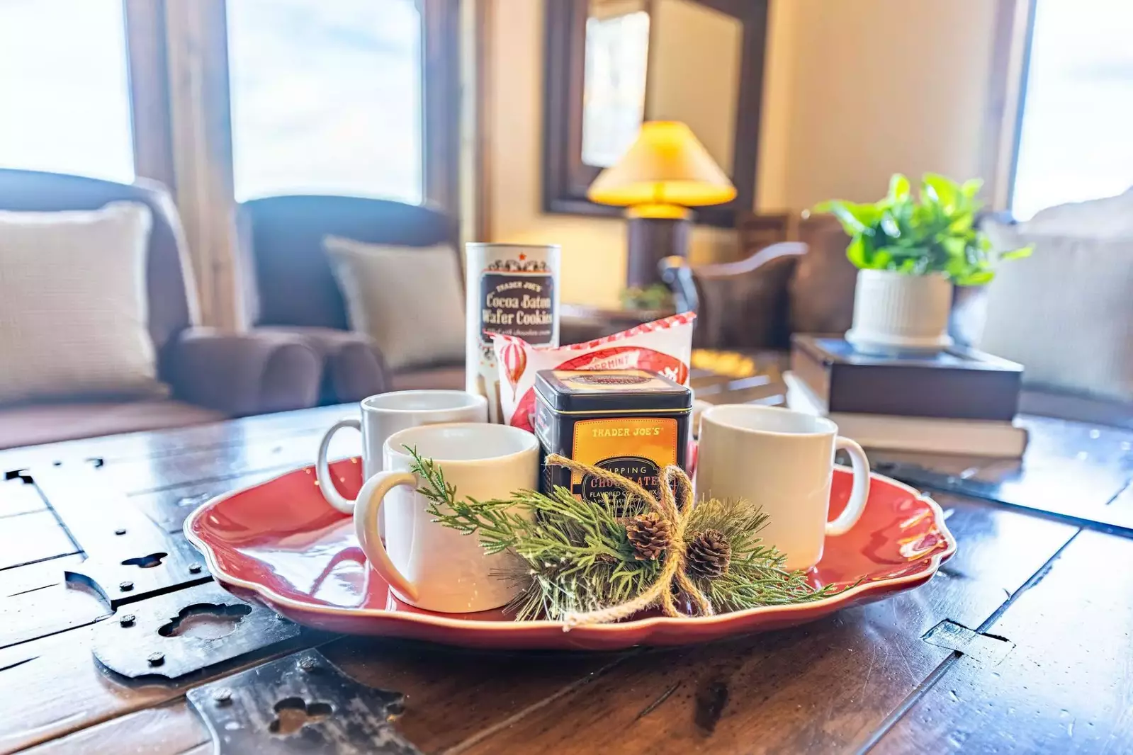 Cozy up by the fireplace with a warm cup of cocoa!