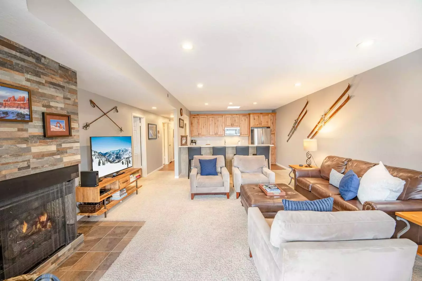 Warm by the fire in the comfortable living room.