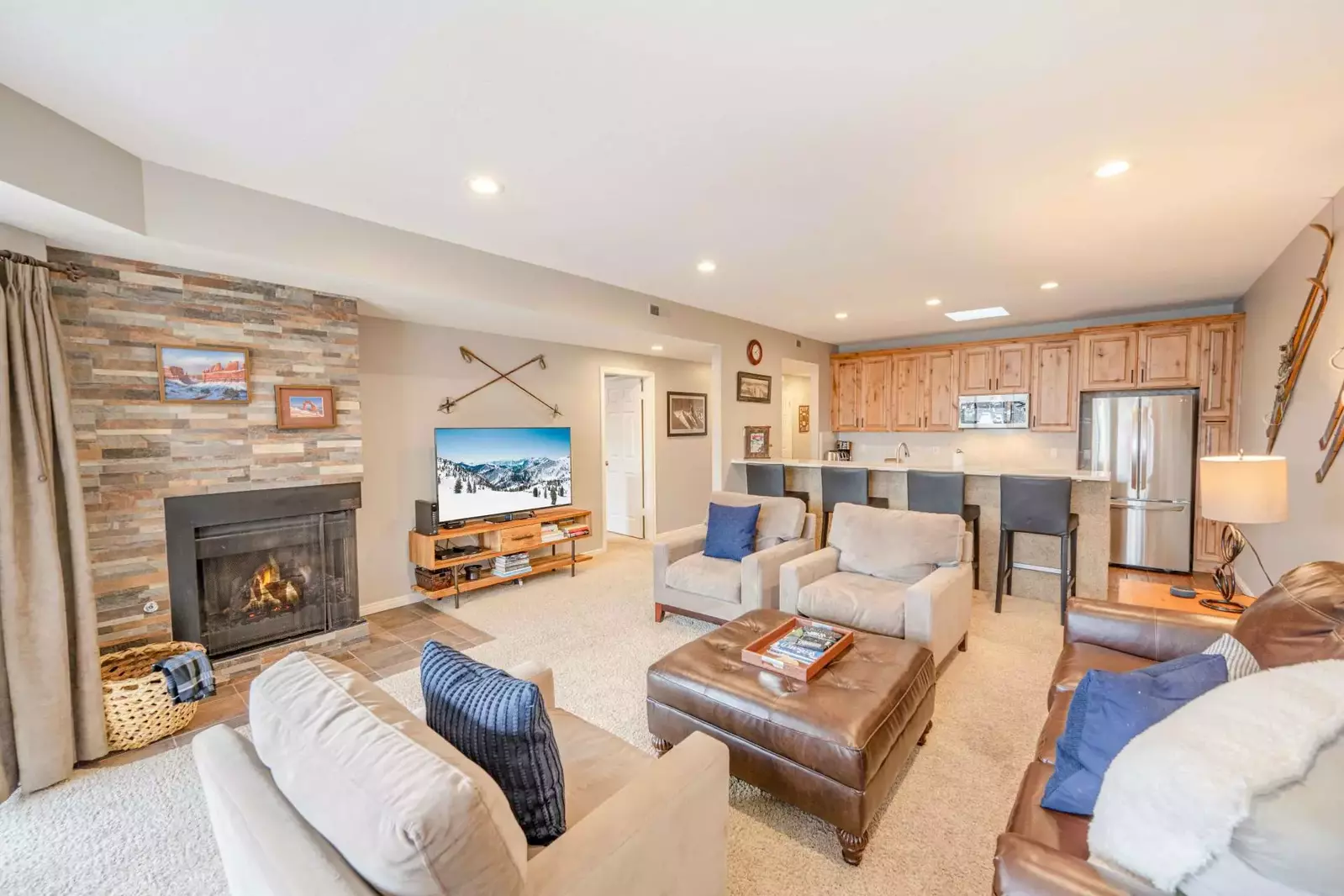 Cozy Up By The Fire & Enjoy The  60" Smart HDTV w Cable, Netflix & DVD! Plenty of Room for Everyone - 2 Loveseats and Large Leather Sofa Sleeper (Quee