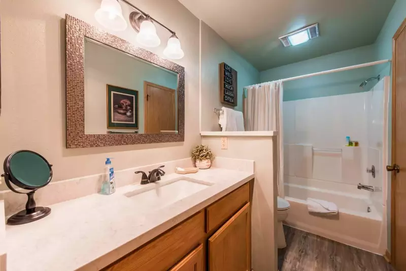 Newly renovated bathroom in December of 2017 complete with wood floors and marble countertops!