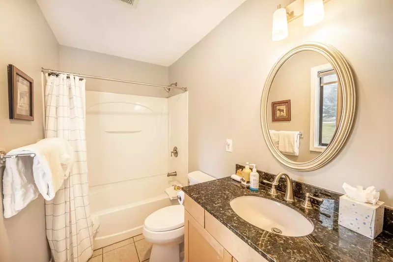 The bright and spacious first bathroom was recently renovated with black and emerald granite countertops, stainless steel finishes & lighting, toilet