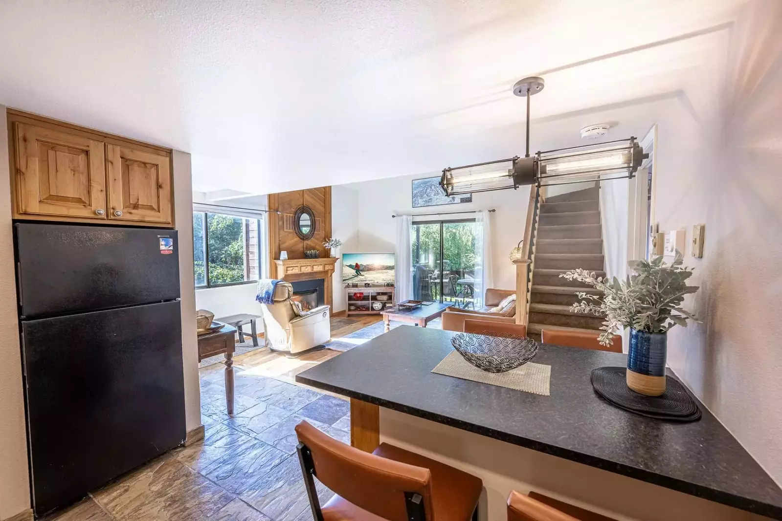 A new breakfast bar was added summer of 2022 – It provides comfortable bar stool seating for up to 4 guests. A new industrial modern lighting fixture