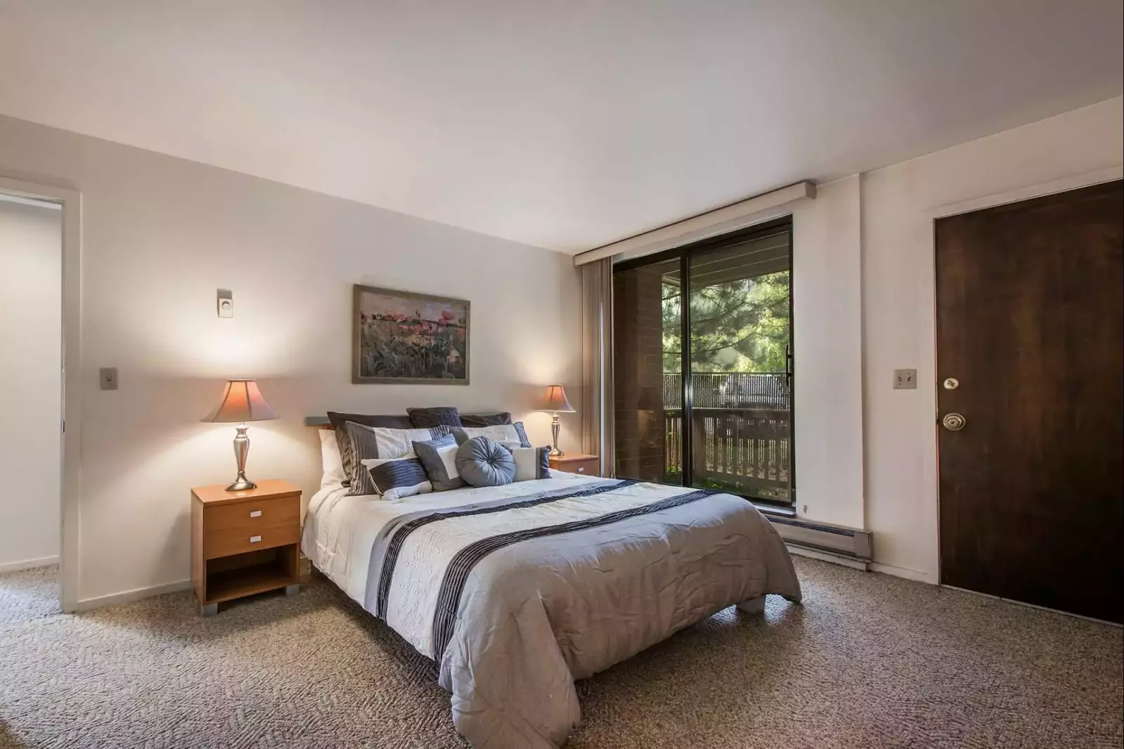 The master bedroom not only has tons to storage space with the closet, dresser and nightstands, but also has access to your walk-out balcony.