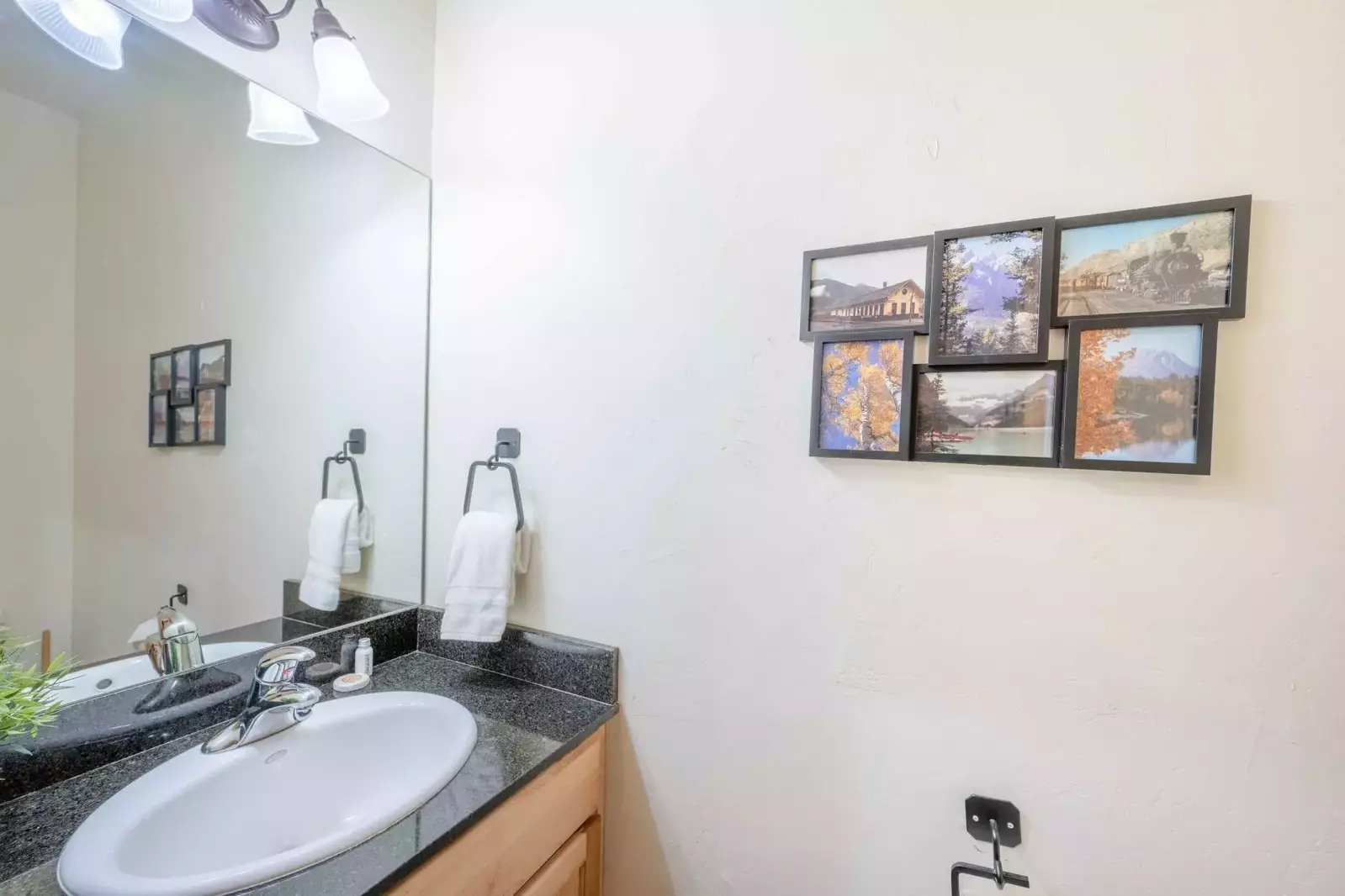 The powder room is situated next to the stairs and is designed to match the other décor of the home with a dark granite counter, vanity and toilet.