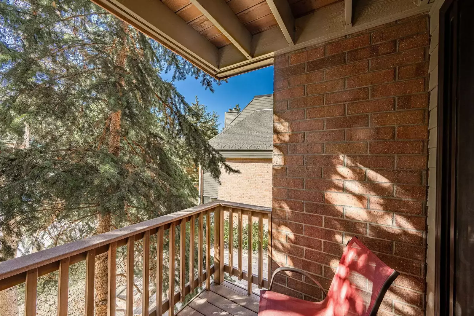 This is the second patio in this home, it is located just off the primary suite and can be accessed from the sliding glass doors. The historic evergre