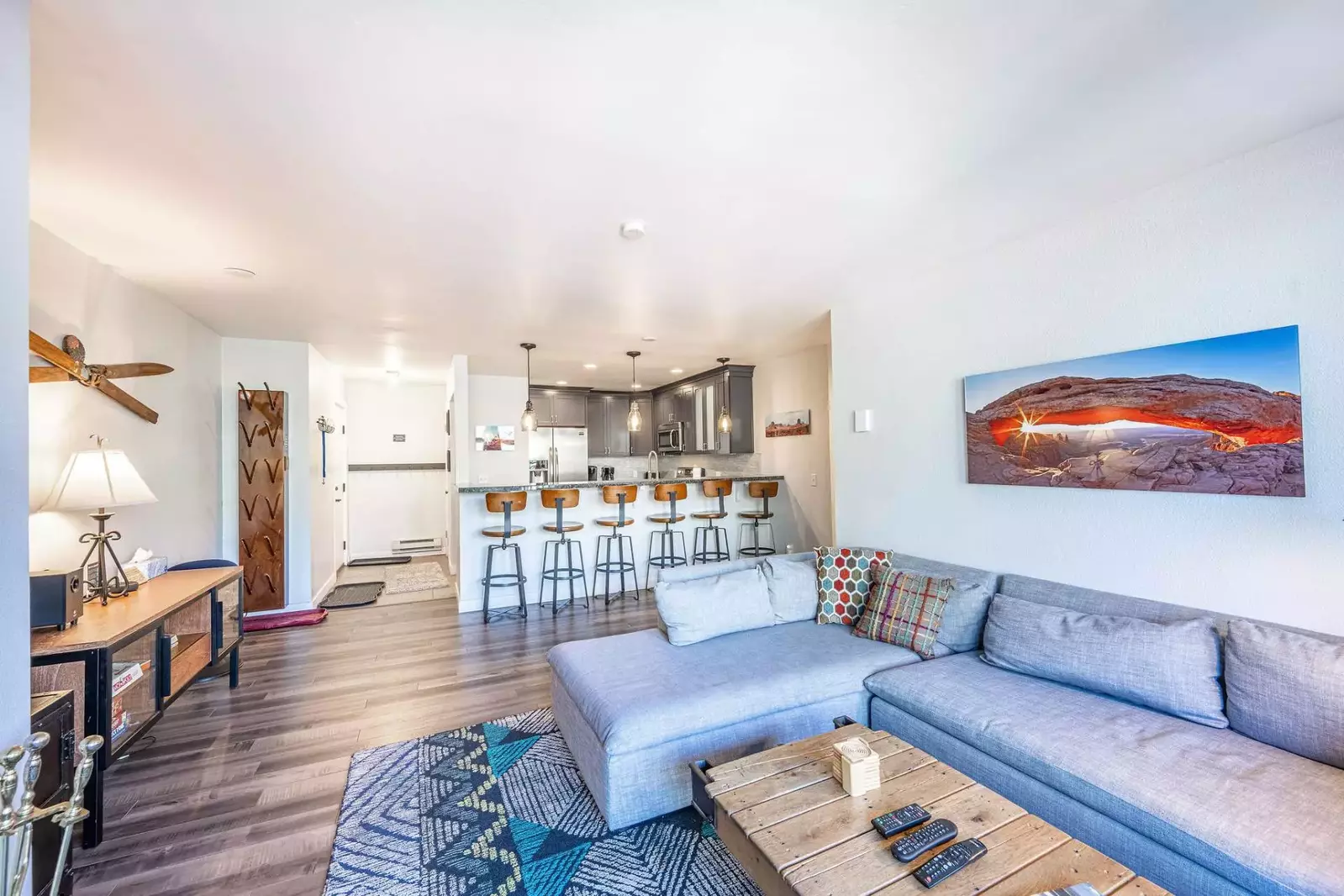 The comfortable sofa and chaise lounge are a great spot to curl up next to the wood burning fireplace and enjoy your favorite movie, binge watch your