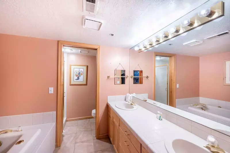 Primary en suite bathroom has a generously sized double vanity, large jetted soaker bathtub, separate private toilet and shower