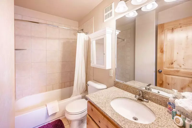 The Spacious Guest Bathroom has A Stone Look Countertop, Toilet, and Shower/Tub Combination