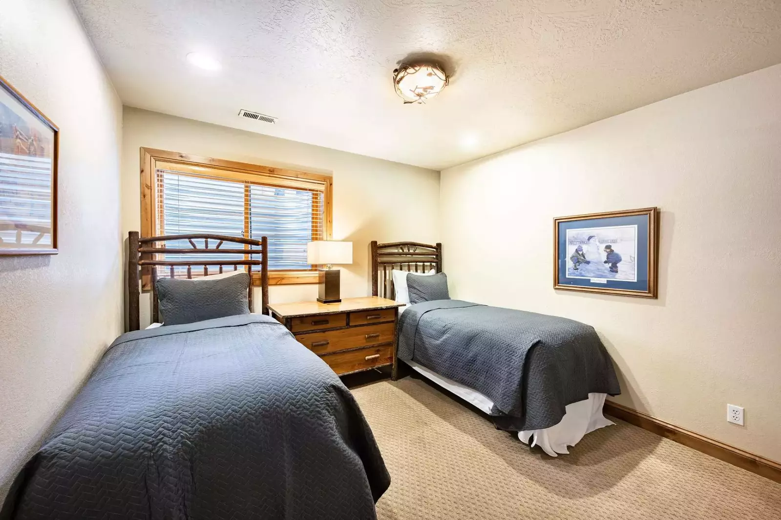 Located on the first level, this bedroom features 2 twin beds and is great for kids or groups.