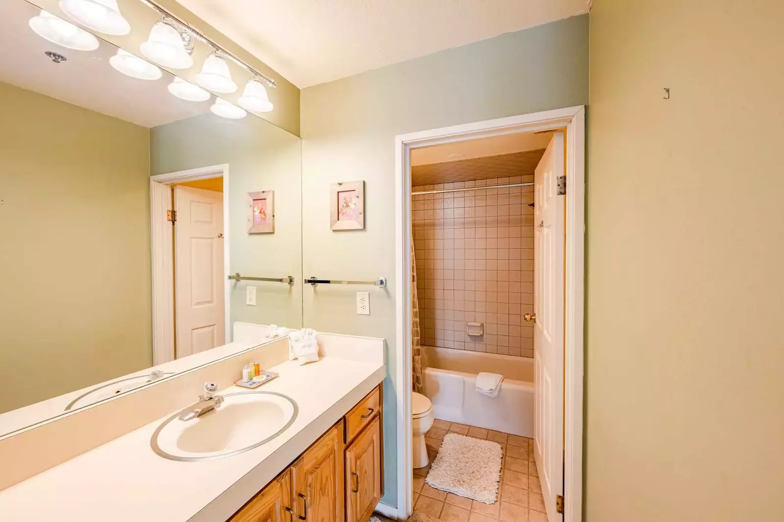 The primary suite's spacious bathroom has an oversized vanity, and the tub/toilet is private from vanity area