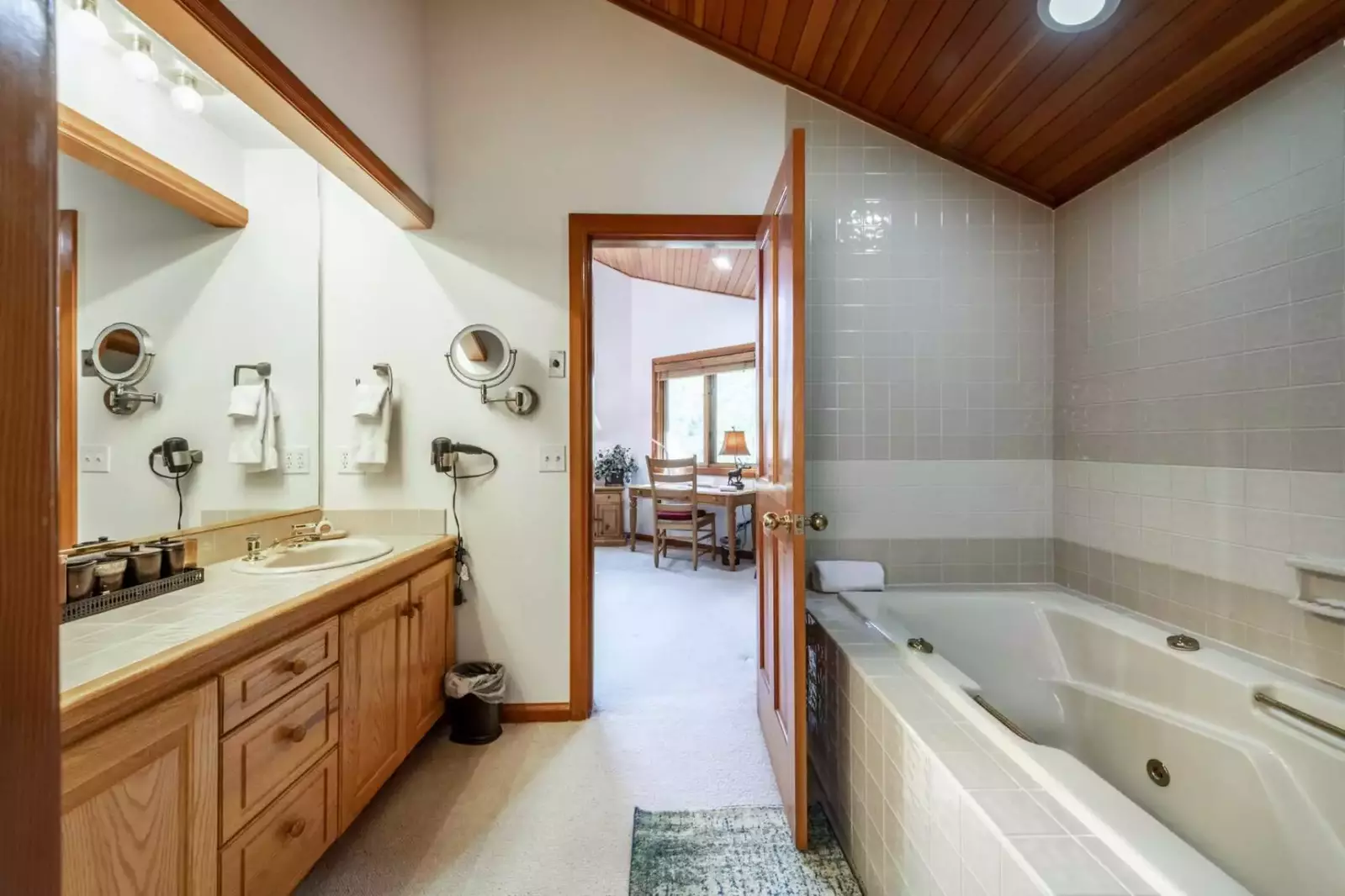 Master Bedroom En Suite Bathroom with Twin Vanities, Oversized Jetted Tub, Separate  Toilet and Glass Shower