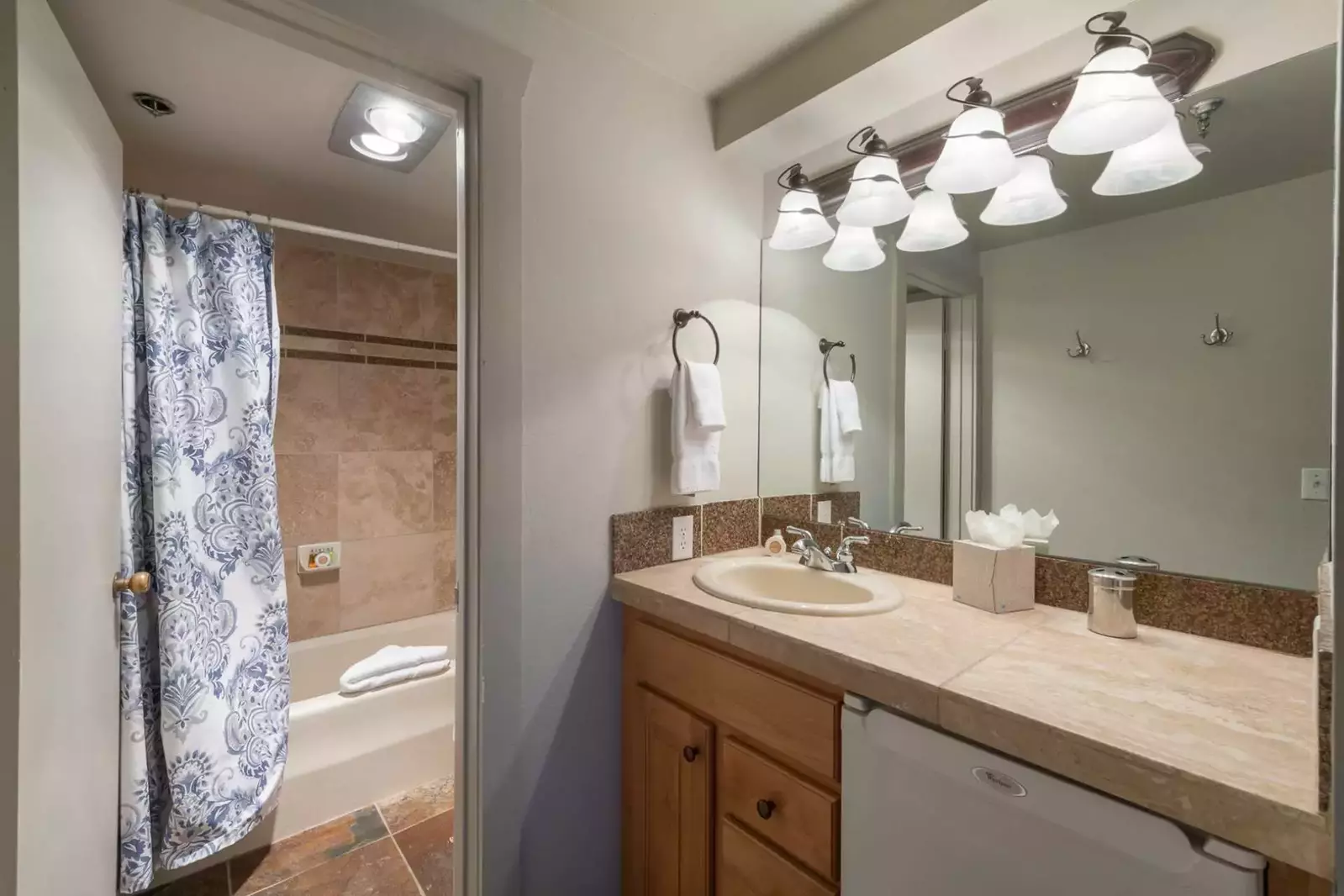 Guest En Suite Bathroom w Oversized Vanity, Mini-Fridge, Separate Tub/Shower/Toilet Area.