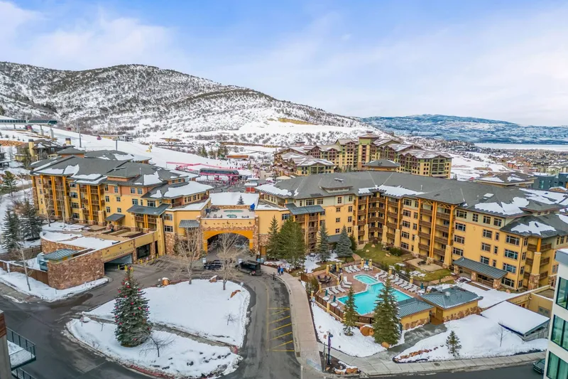 Aerial view of Sundial Lodge at Canyons Village with ski-in/ski-out access, lifts, and walkable dining at Canyons Village, Park City Mountain.