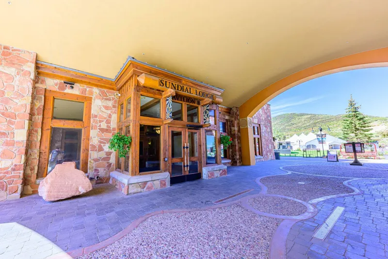 Sundial Lodge main entrance at Canyons Village, offering true ski-in/ski-out access and covered arrival in Park City.