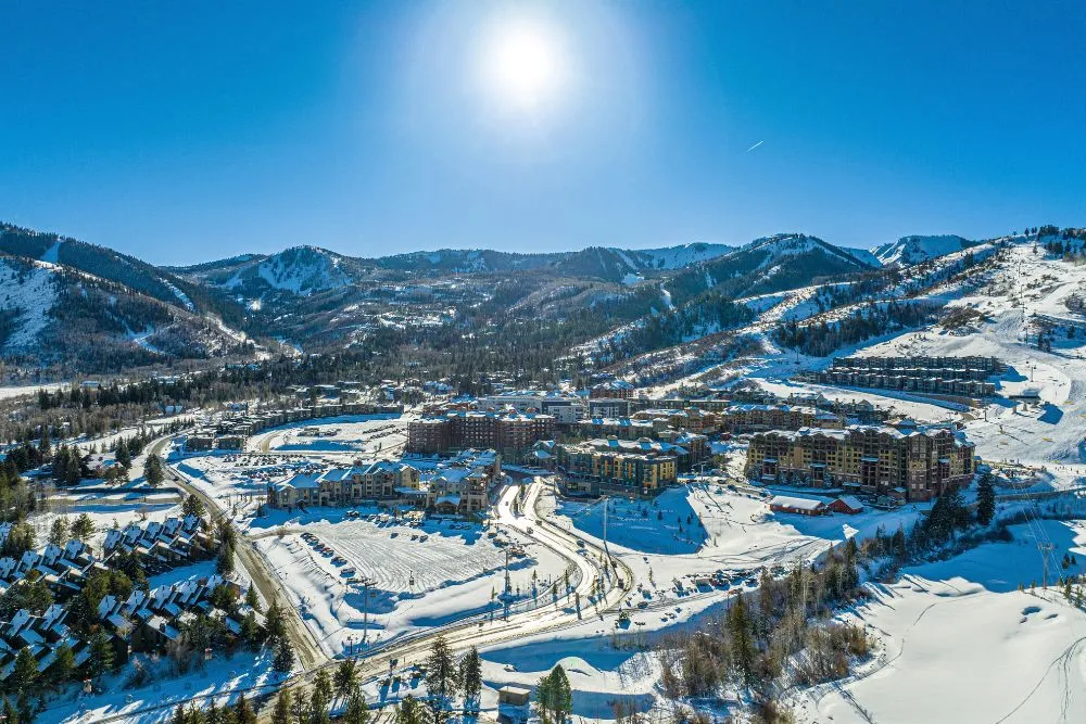Park City Utah aerial view of Canyons Village and Park City ski resort vacation rental neighborhoods