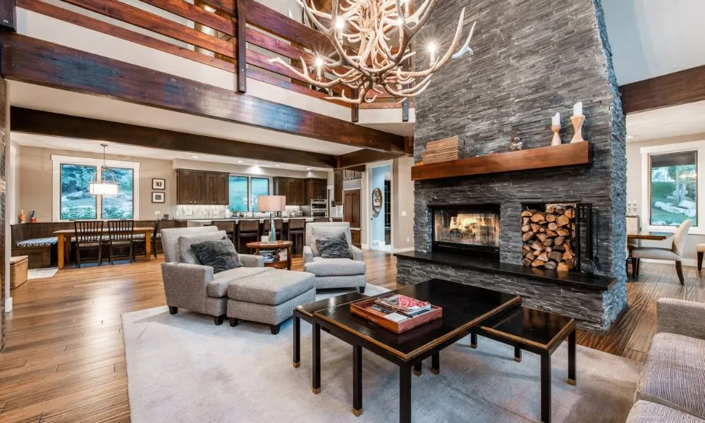 Luxury interior of Deer Valley vacation rental home with mountain views and fireplace