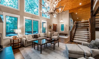 Luxury interior of Deer Valley vacation rental with fireplace and mountain views