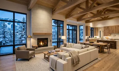 Luxury Deer Valley vacation rental interior with fireplace and mountain views