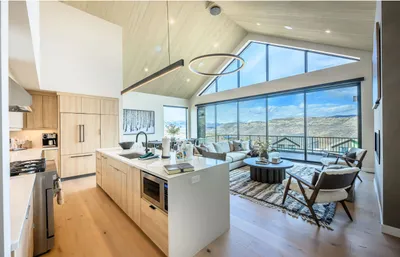 Luxury Jordanelle vacation rental interior with lake and mountain views