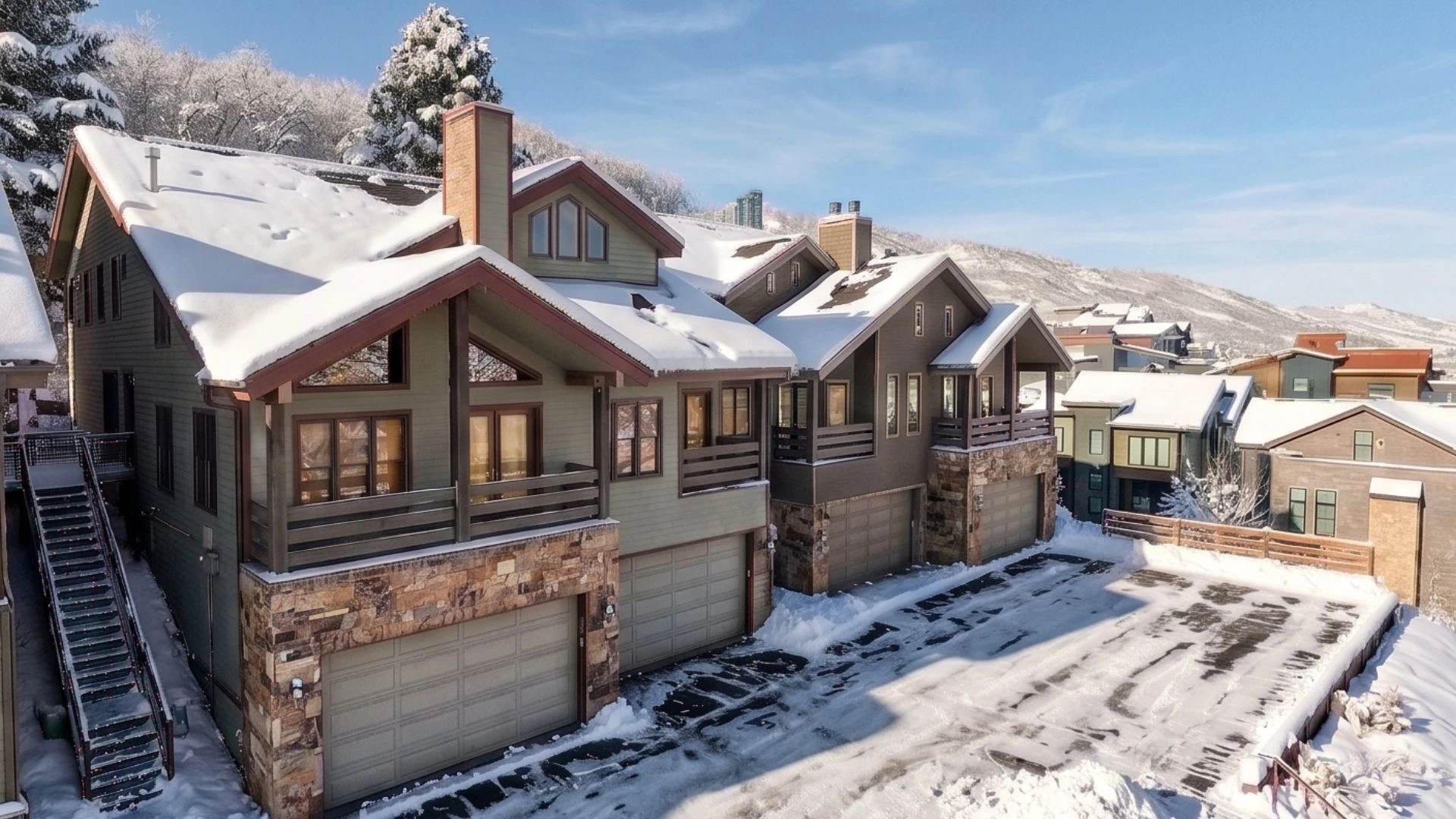 Six-car garage capacity with additional driveway parking at The Lowell Collection in Old Town Park City, offering easy group parking and walkable access to skiing, Main Street, restaurants, and nightlife for large family reunions and group trips.