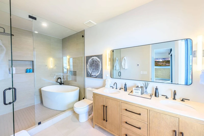 Primary bathroom with soaking tub and walk-in shower