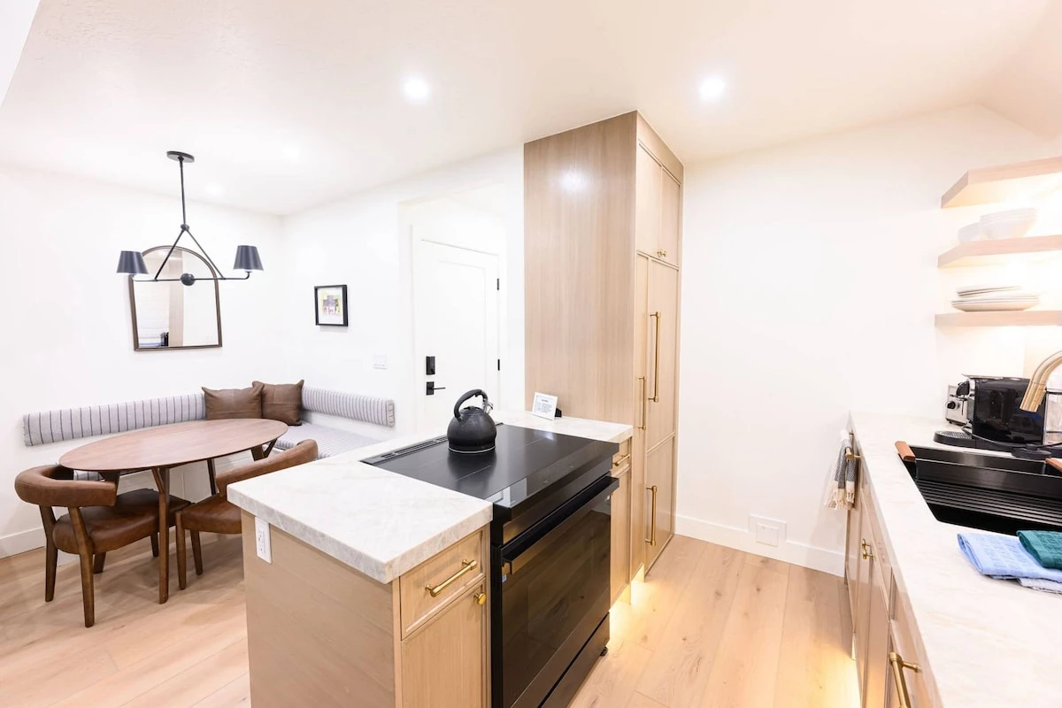 Kitchen island with prep space and seating.