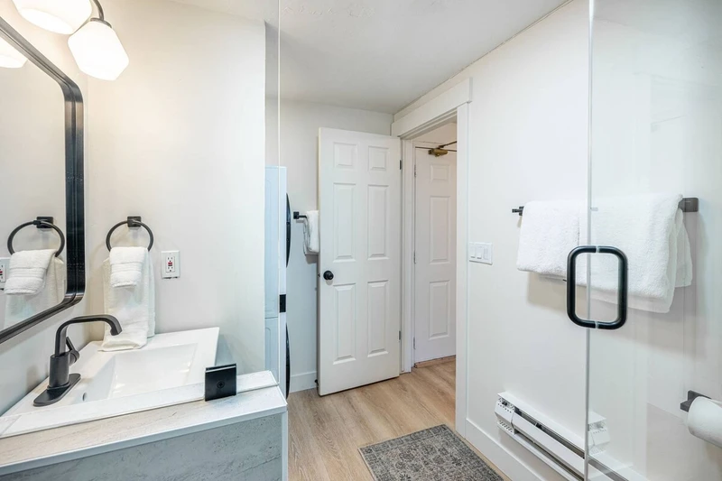 Full bathroom with new sage green vanity, walk-in glass shower and toilet