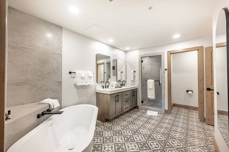 Luxe bath: oversized soaking tub, moroccan tiled floors, walk in steam shower,| Park City Luxe Condo, Park City Airbnb, Westgate Park City, Park City