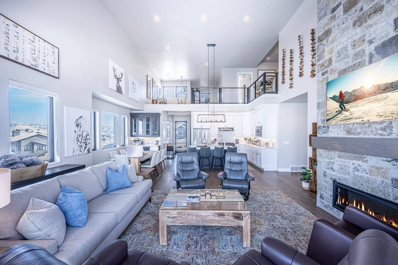 Open-concept living space designed for large group stays in Park City near Deer Valley