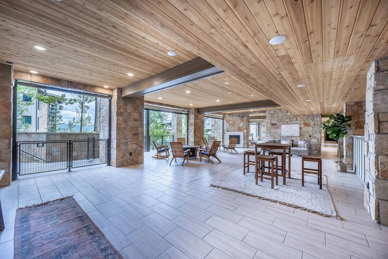 Open air spacious communal patio with lots of outdoor seating