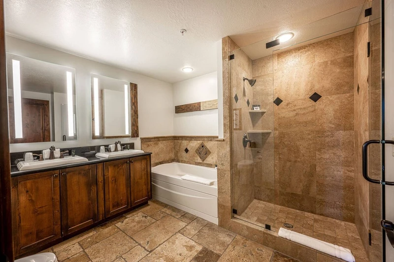 Primary En Suite Bathroom at Hyatt Centric Park City | Jetted Tub, Walk in Glass Shower