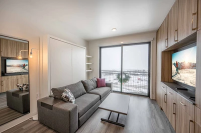 Canyon Haus offers the perfect ski in ski out location, watch the snow fall from your 8' sliding glass door oversized windows